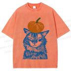 Unisex Vintage Cat Pumpkin Printed Washed Tee
