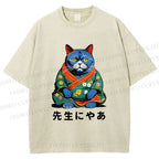 Unisex Vintage Japanese Cat Printed Washed Tee
