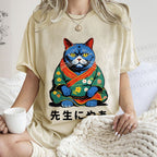 Unisex Vintage Japanese Cat Printed Washed Tee