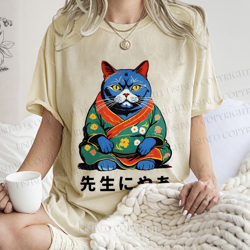 Unisex Vintage Japanese Cat Printed Washed Tee