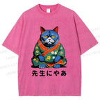 Unisex Vintage Japanese Cat Printed Washed Tee