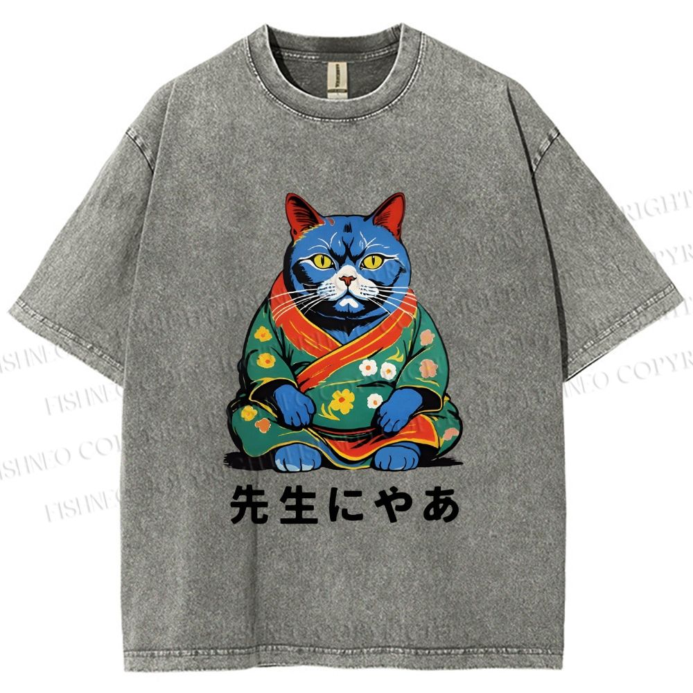 Unisex Vintage Japanese Cat Printed Washed Tee