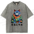 Unisex Vintage Japanese Cat Printed Washed Tee