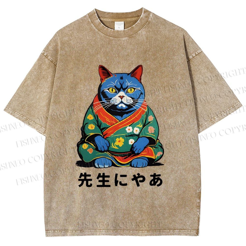 Unisex Vintage Japanese Cat Printed Washed Tee