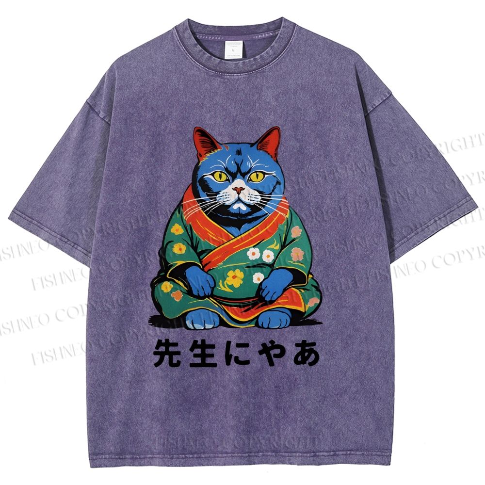 Unisex Vintage Japanese Cat Printed Washed Tee