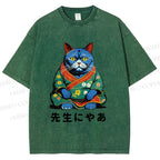 Unisex Vintage Japanese Cat Printed Washed Tee