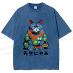 Unisex Vintage Japanese Cat Printed Washed Tee