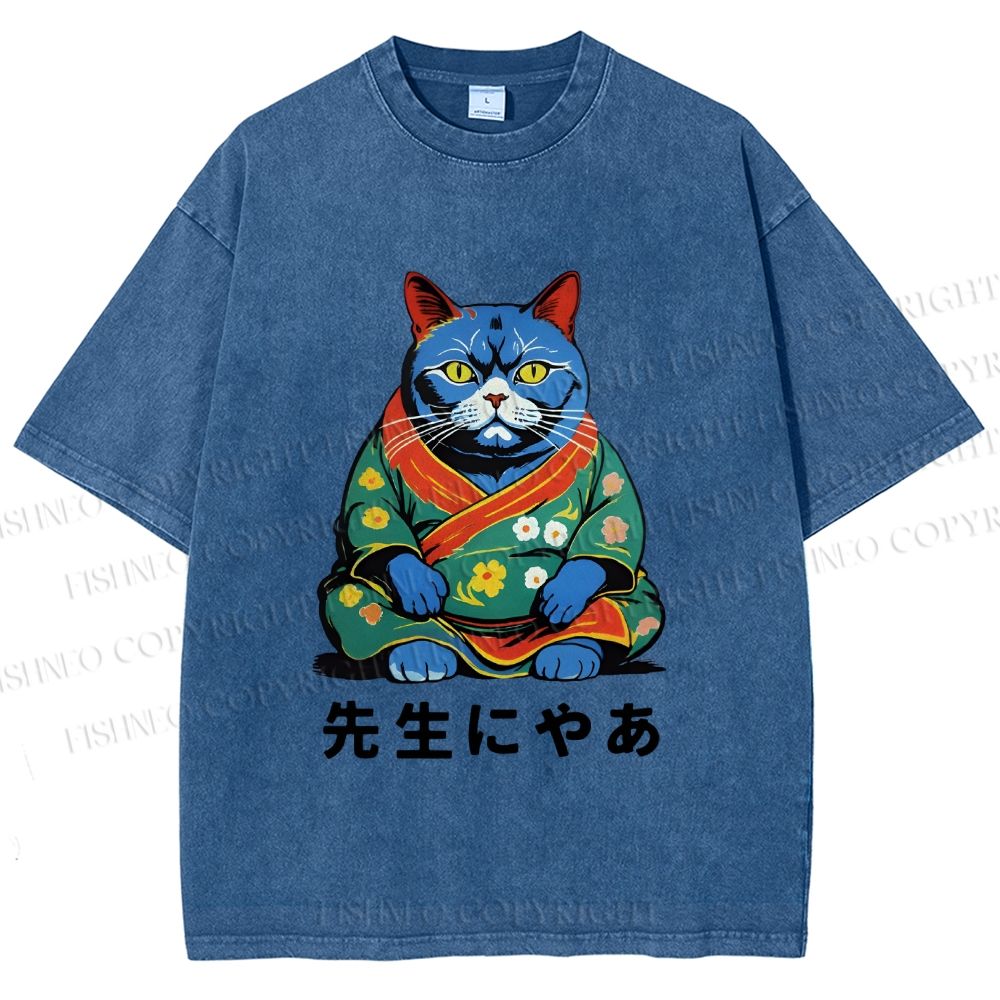 Unisex Vintage Japanese Cat Printed Washed Tee