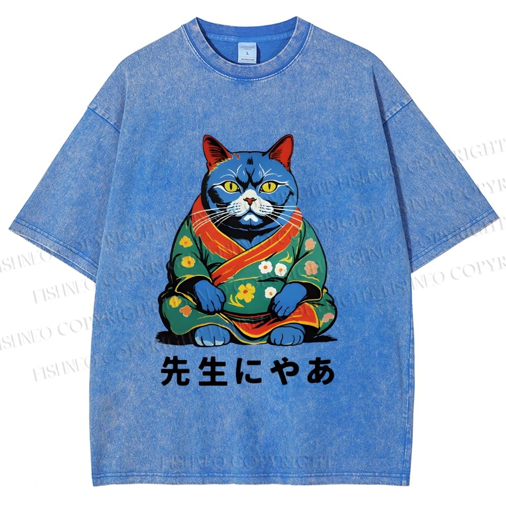 Unisex Vintage Japanese Cat Printed Washed Tee