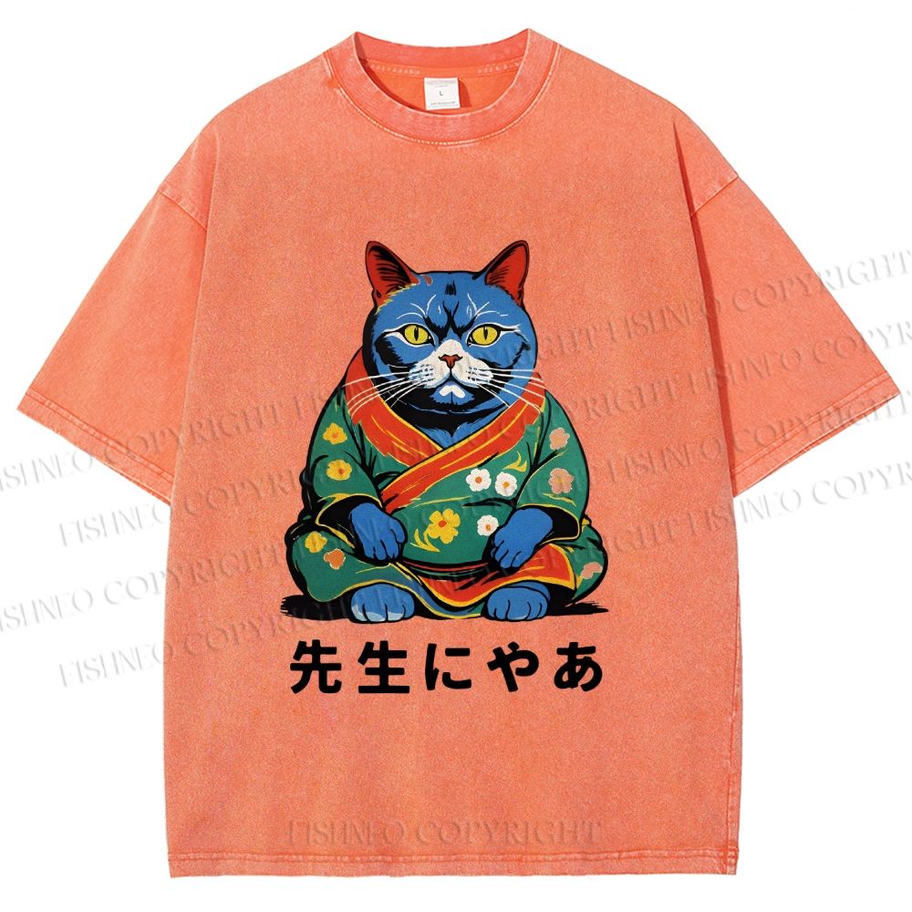 Unisex Vintage Japanese Cat Printed Washed Tee