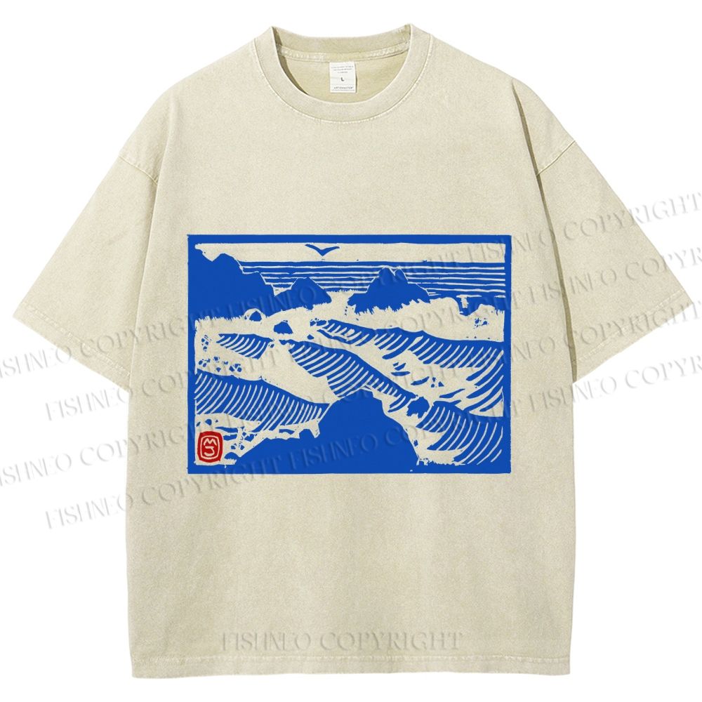 Unisex Vintage Sea Wave Printed Washed Tee