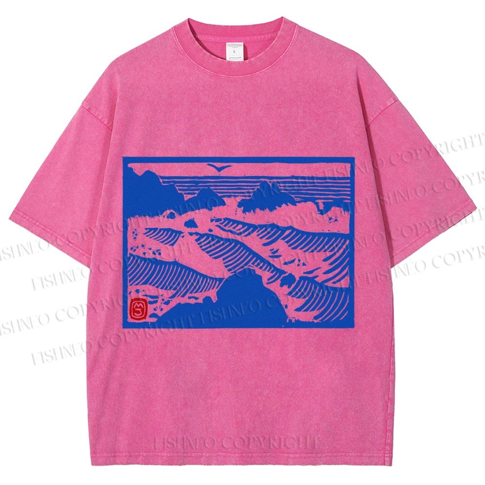 Unisex Vintage Sea Wave Printed Washed Tee