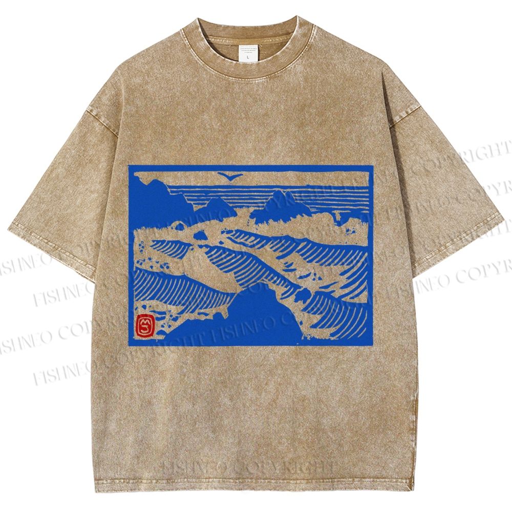 Unisex Vintage Sea Wave Printed Washed Tee