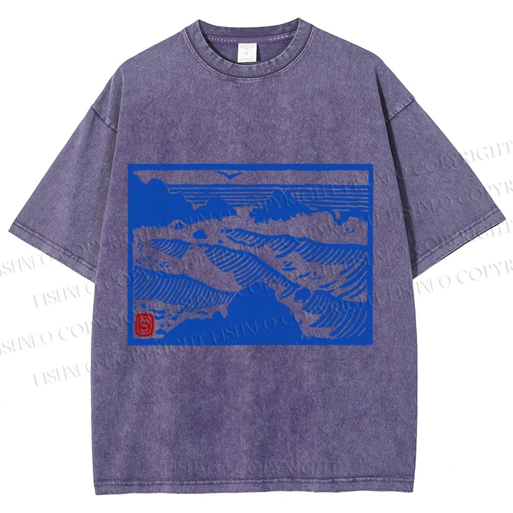 Unisex Vintage Sea Wave Printed Washed Tee
