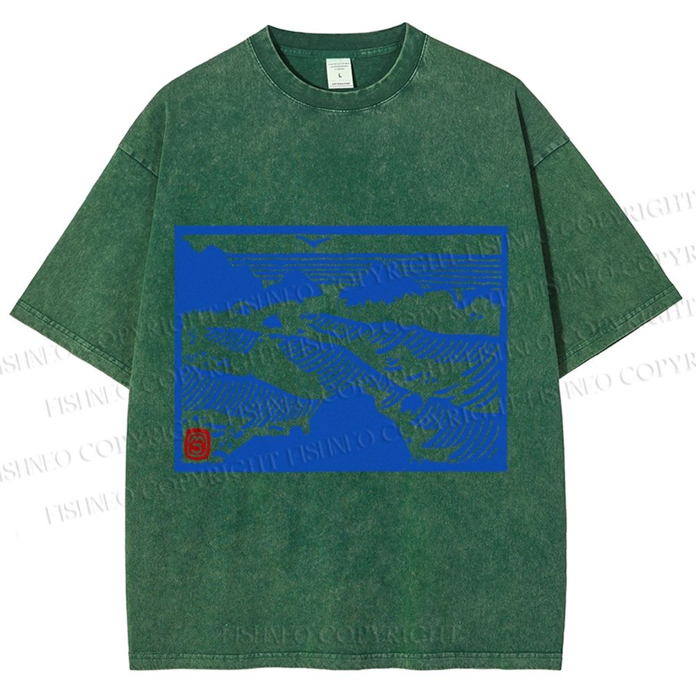 Unisex Vintage Sea Wave Printed Washed Tee