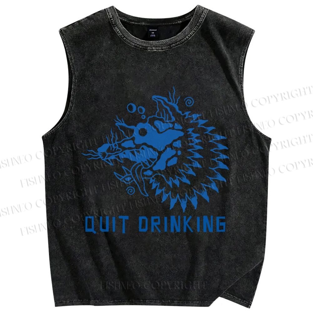 Unisex Drunk Wolf Quit Drinking Printed Washed Tank Top
