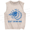 Unisex Drunk Wolf Quit Drinking Printed Washed Tank Top