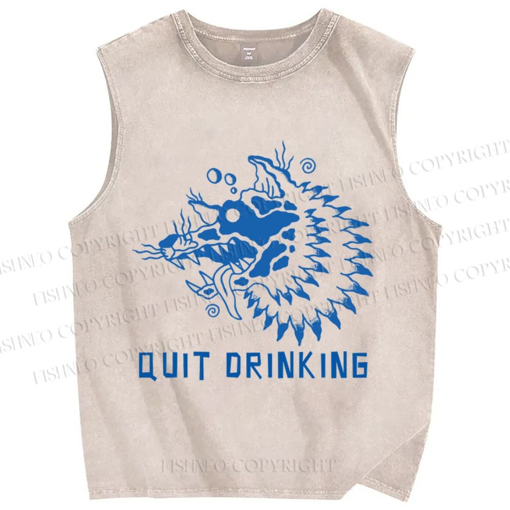Unisex Drunk Wolf Quit Drinking Printed Washed Tank Top