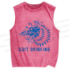Unisex Drunk Wolf Quit Drinking Printed Washed Tank Top
