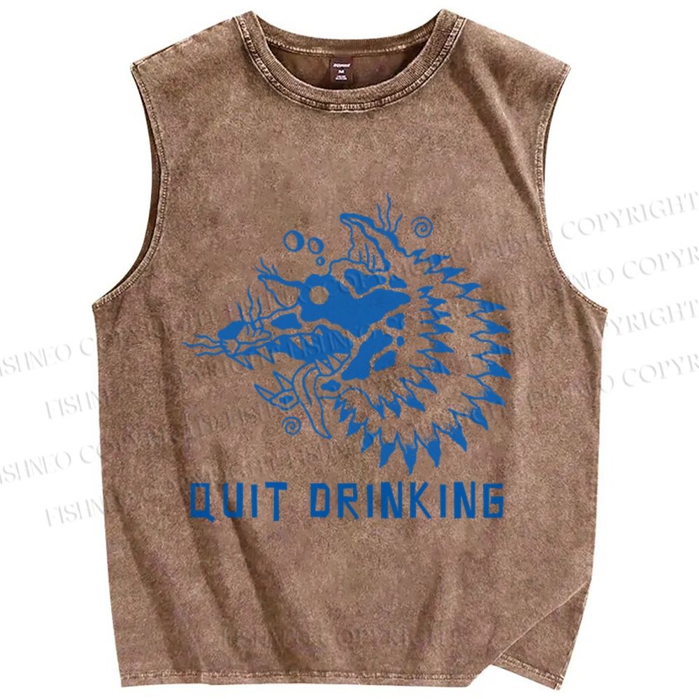 Unisex Drunk Wolf Quit Drinking Printed Washed Tank Top