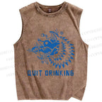Unisex Drunk Wolf Quit Drinking Printed Washed Tank Top