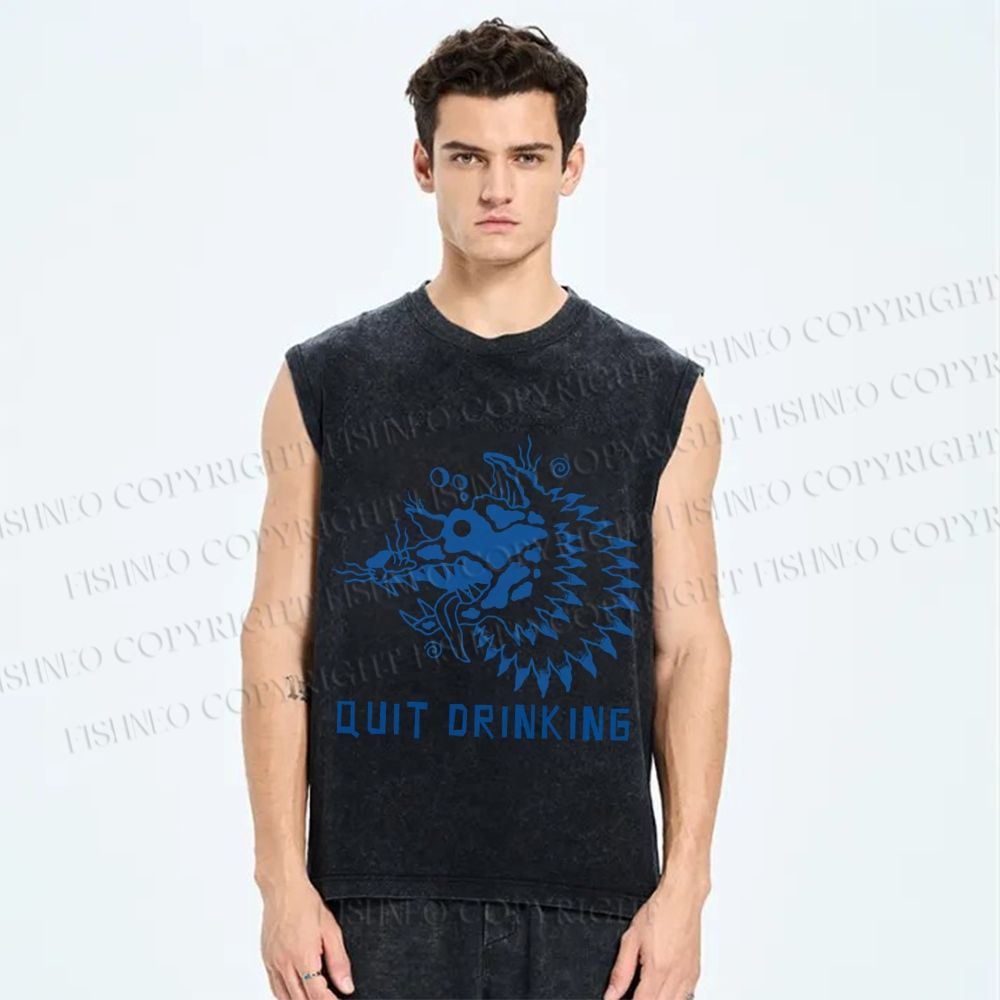 Unisex Drunk Wolf Quit Drinking Printed Washed Tank Top