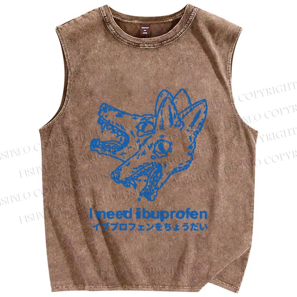 Unisex I need ibuprofen Wolf Vintage Printed Washed Tank Top