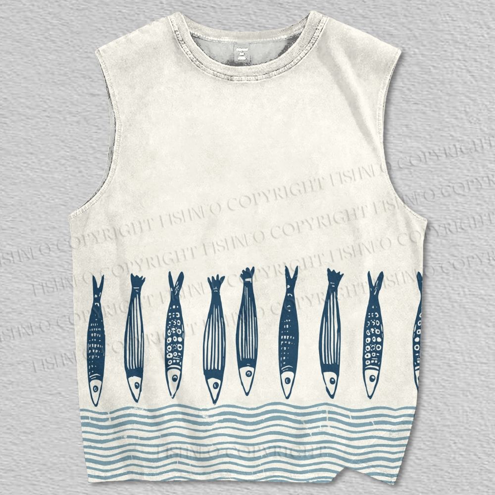 Unisex Vintage Fish Wave Printed Tank Top