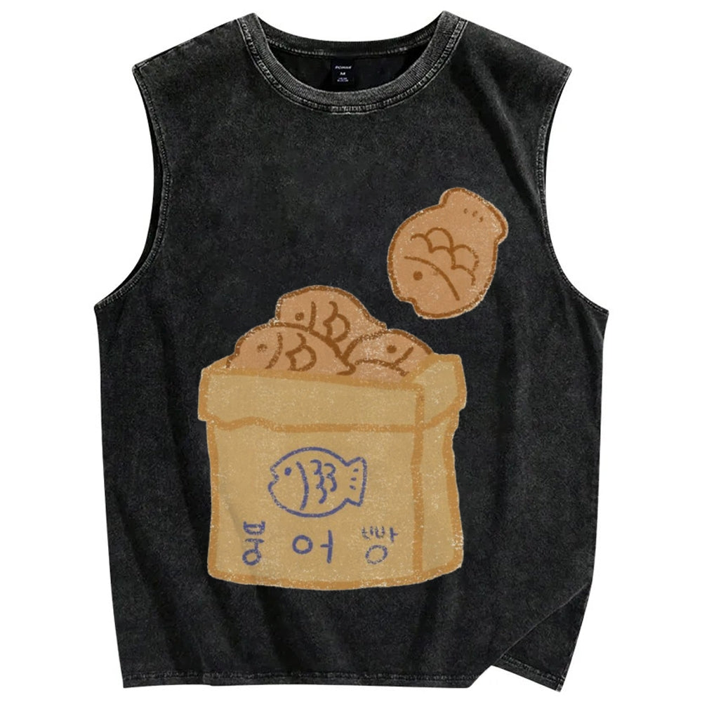 Unisex cartoon cute fish Printed Washed Tank Top