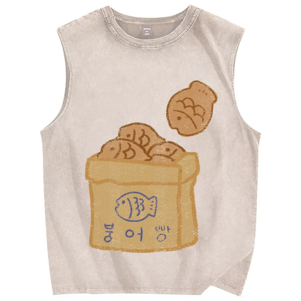 Unisex cartoon cute fish Printed Washed Tank Top