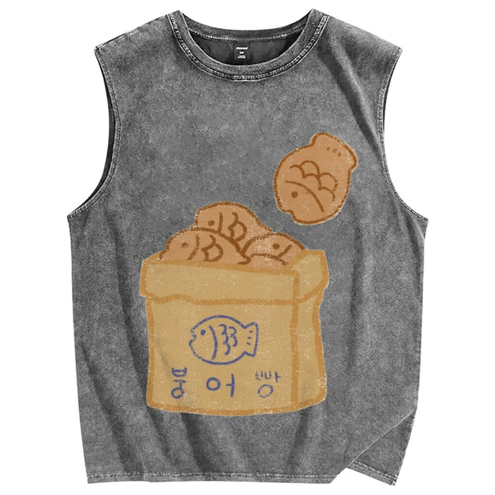 Unisex cartoon cute fish Printed Washed Tank Top