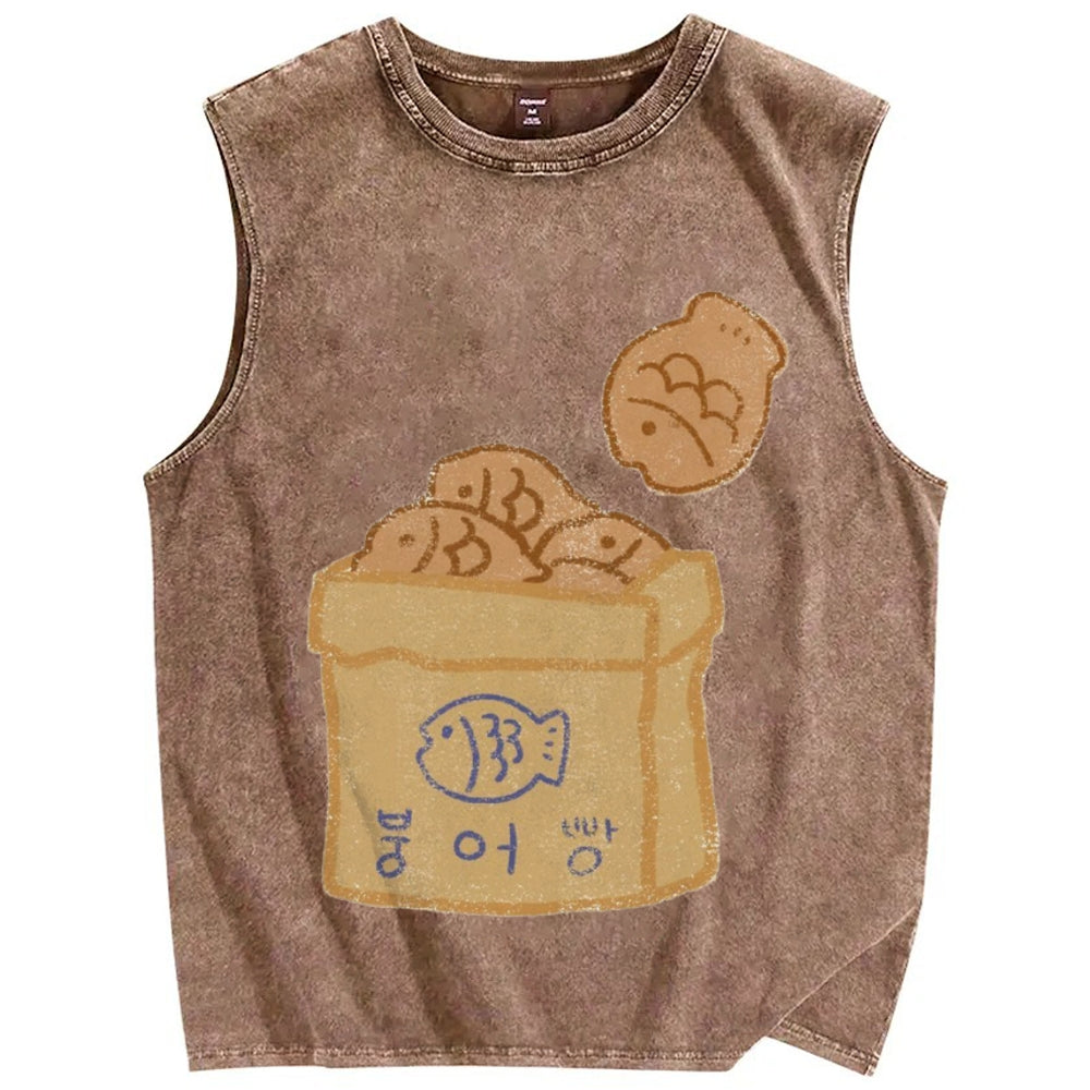 Unisex cartoon cute fish Printed Washed Tank Top