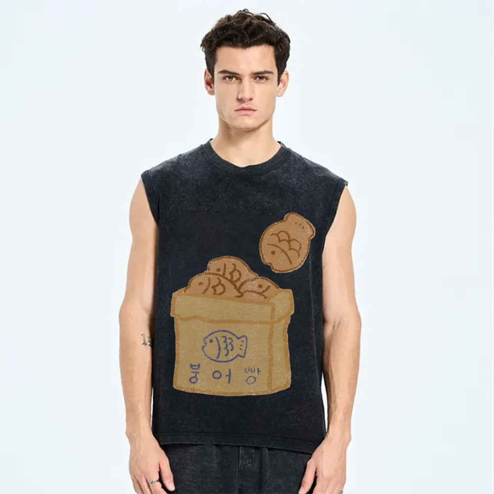 Unisex cartoon cute fish Printed Washed Tank Top