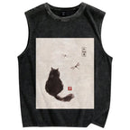 Unisex Japanese style cat Printed Washed Tank Top
