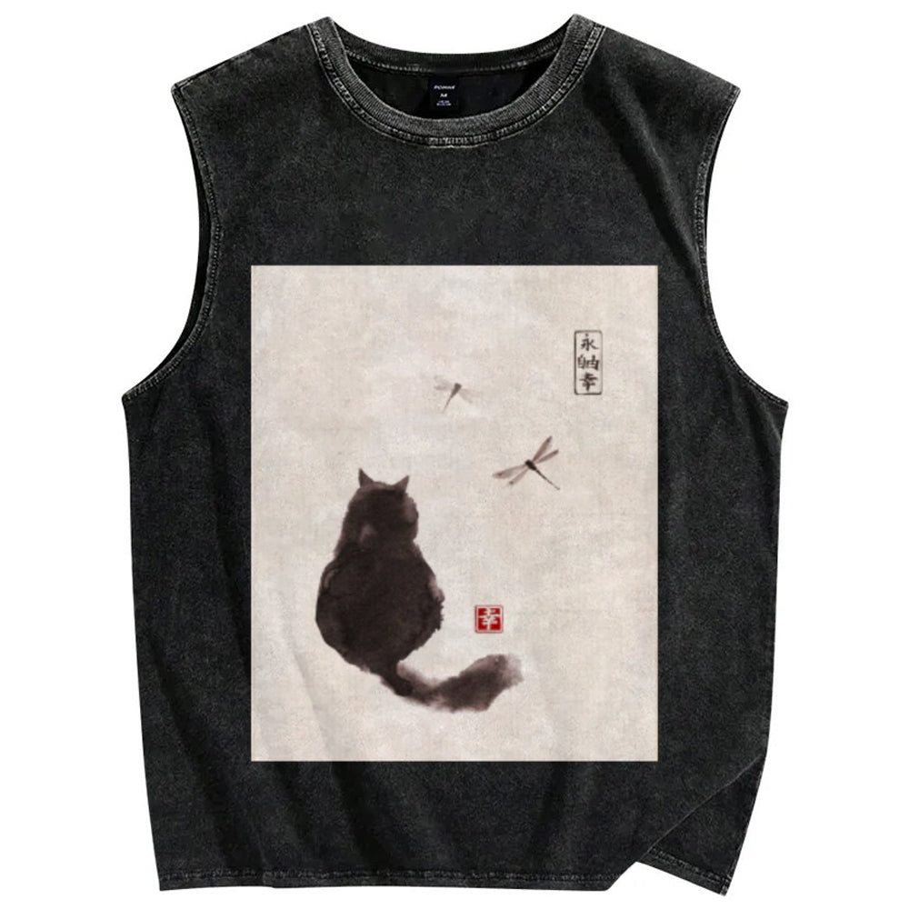 Unisex Japanese style cat Printed Washed Tank Top