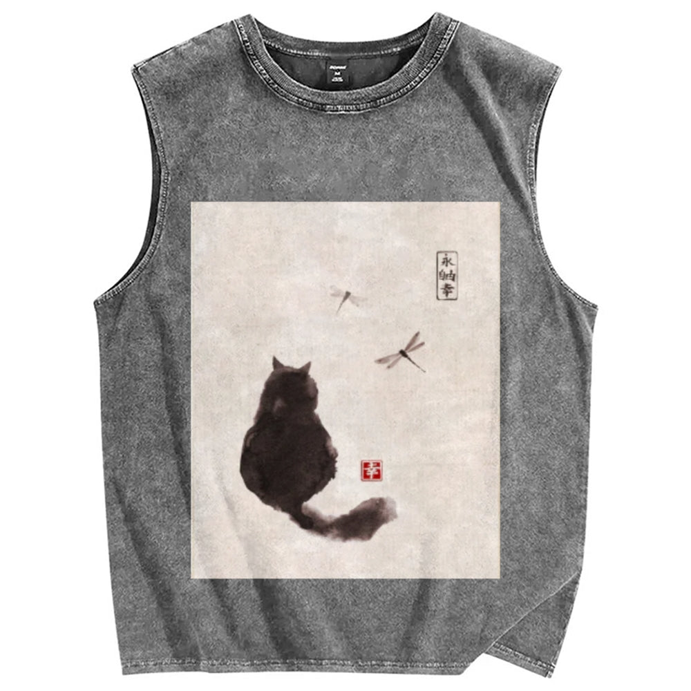 Unisex Japanese style cat Printed Washed Tank Top