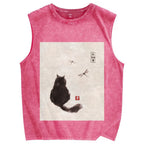 Unisex Japanese style cat Printed Washed Tank Top
