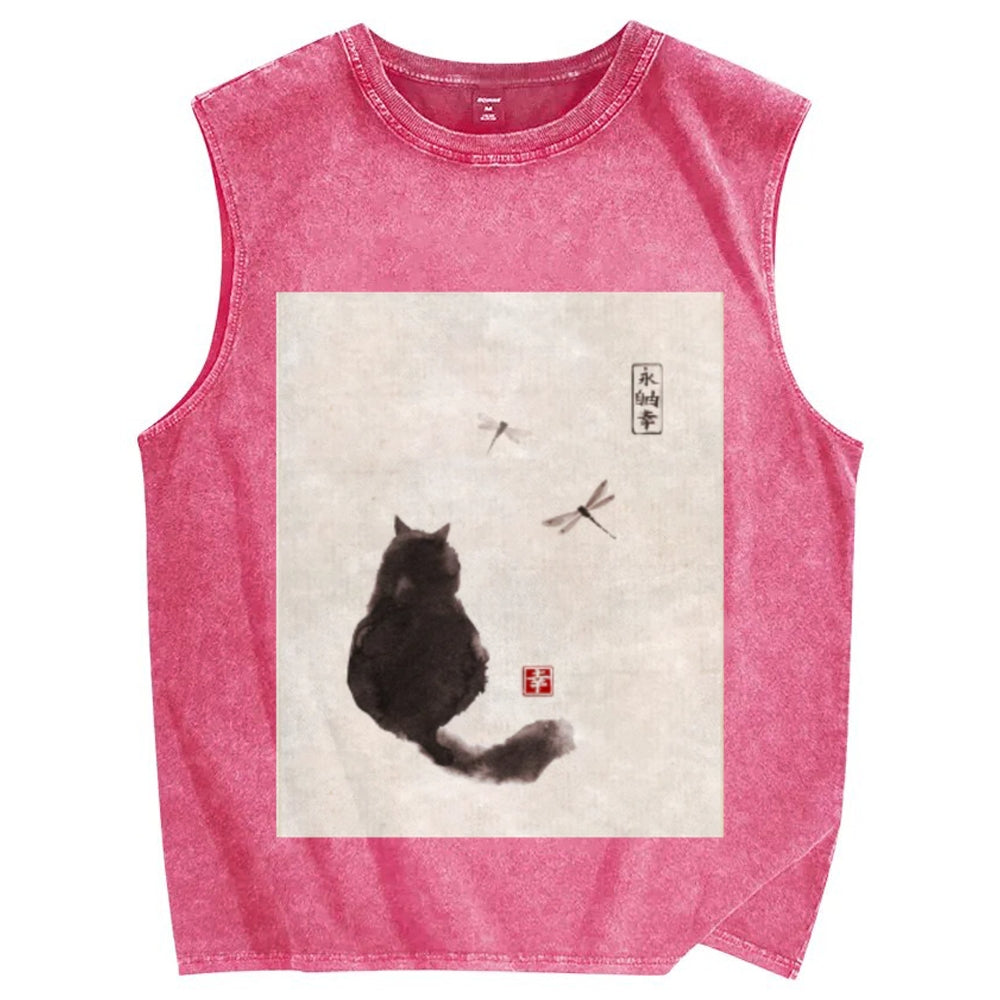 Unisex Japanese style cat Printed Washed Tank Top