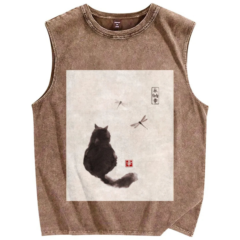 Unisex Japanese style cat Printed Washed Tank Top