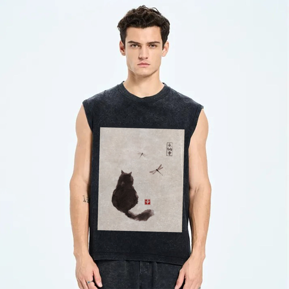 Unisex Japanese style cat Printed Washed Tank Top