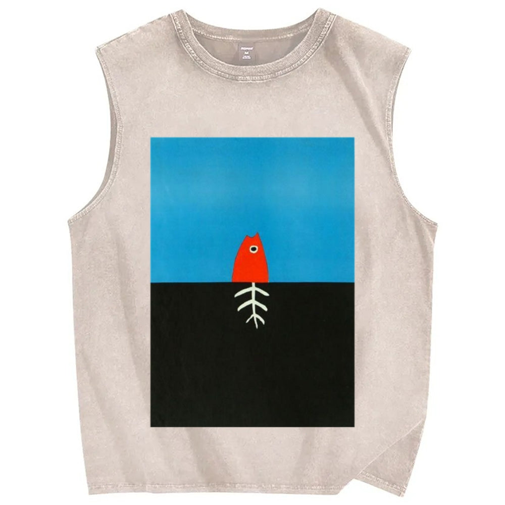Unisex fish  Printed Washed Tank Top