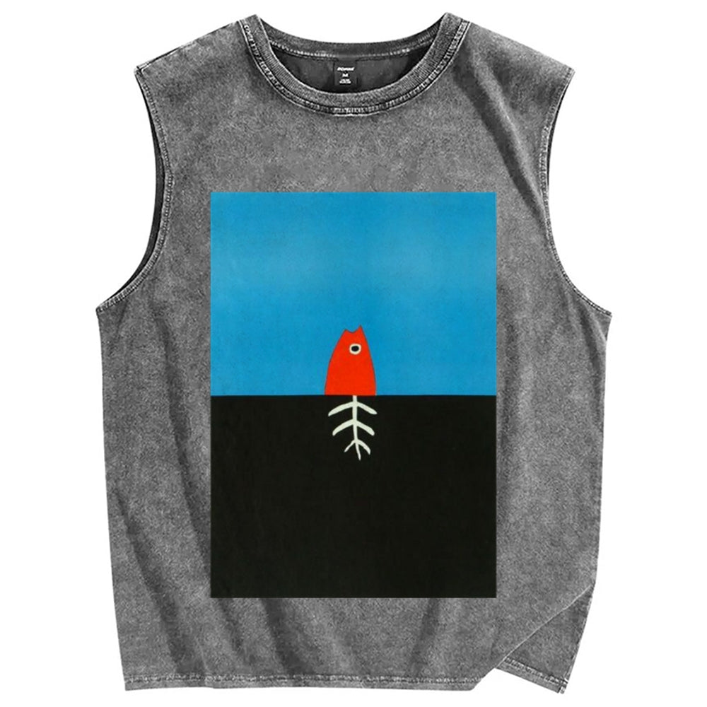 Unisex fish  Printed Washed Tank Top