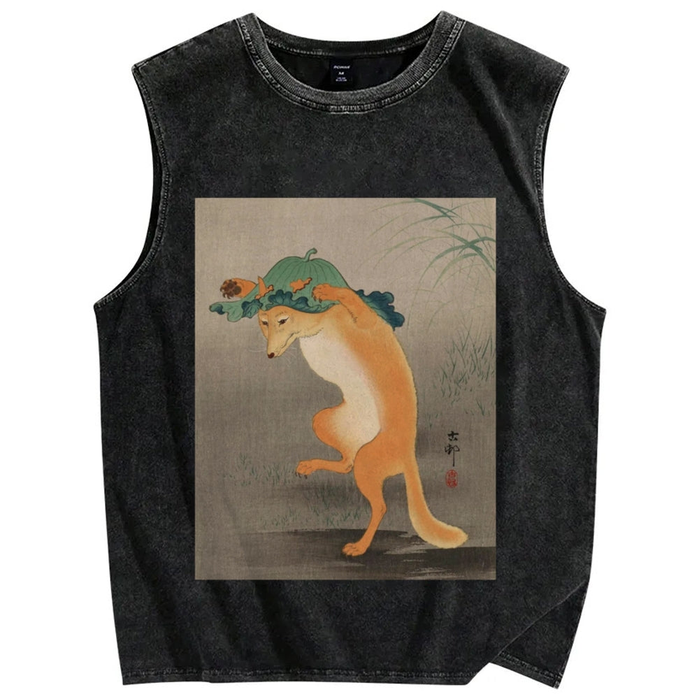 Unisex dancing fox Printed Washed Tank Top