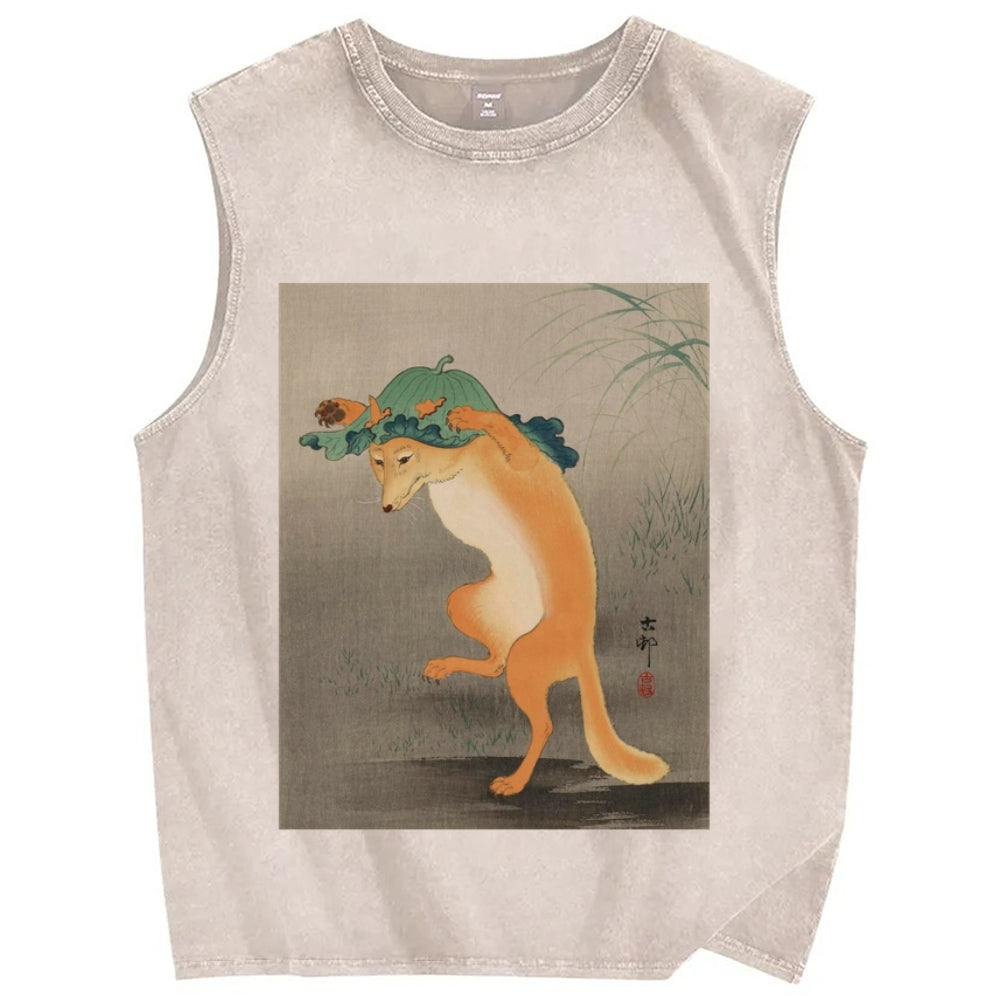 Unisex dancing fox Printed Washed Tank Top