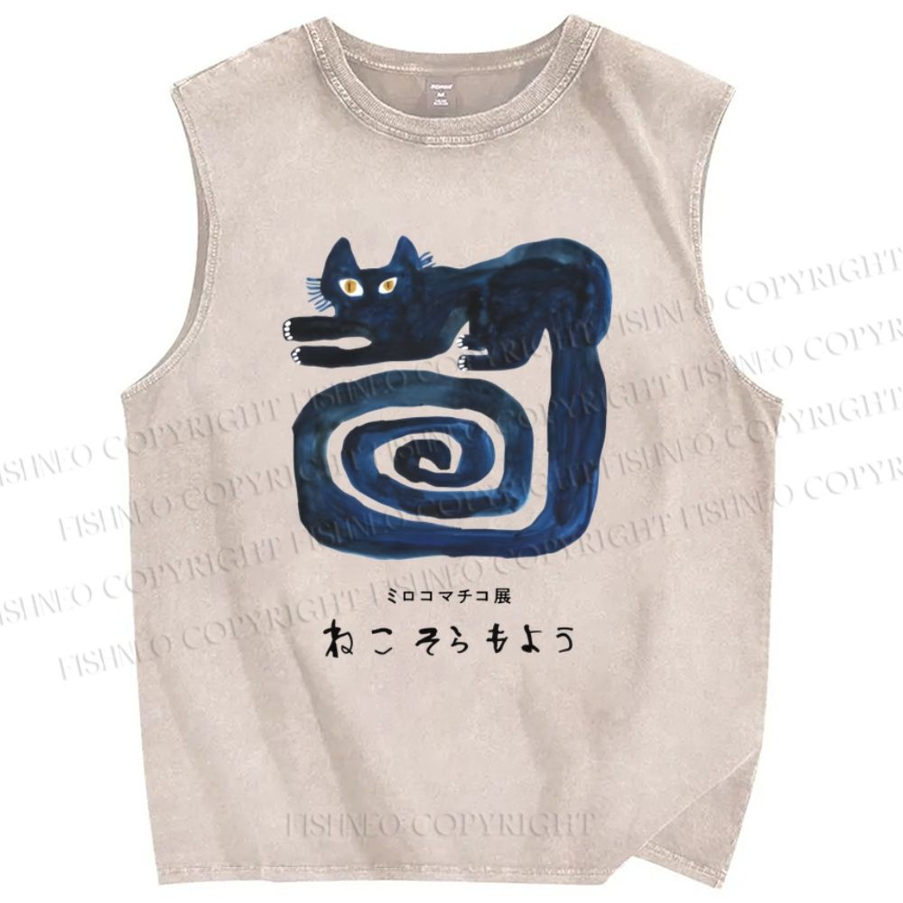 Unisex Art Cat Printed Washed Tank Top