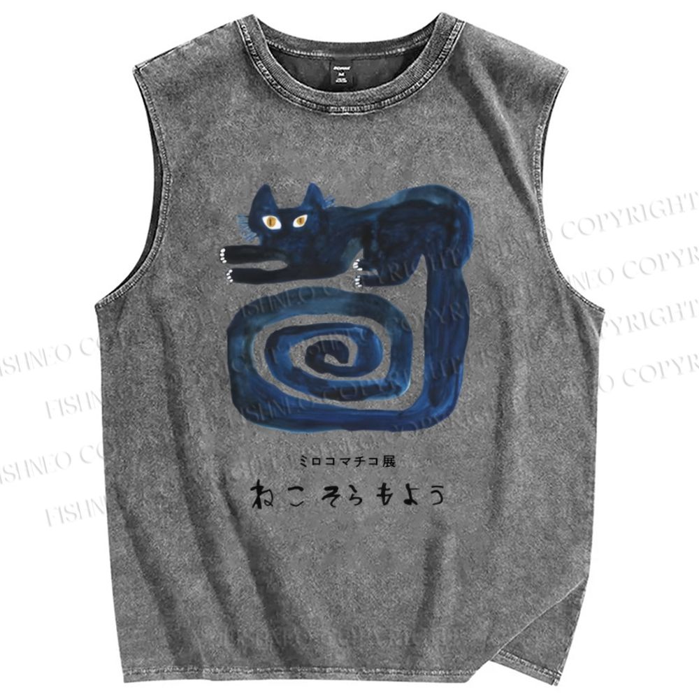 Unisex Art Cat Printed Washed Tank Top