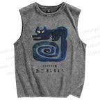 Unisex Art Cat Printed Washed Tank Top