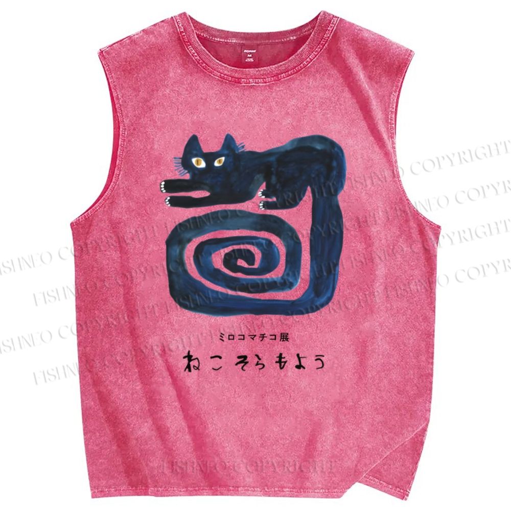 Unisex Art Cat Printed Washed Tank Top