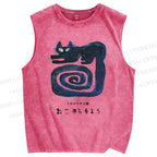 Unisex Art Cat Printed Washed Tank Top