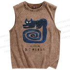 Unisex Art Cat Printed Washed Tank Top